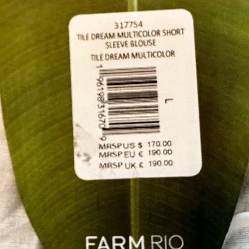 Farm Rio NWT SZ Large the Rio Tile Dream blue and white peplum puffed sleeve top